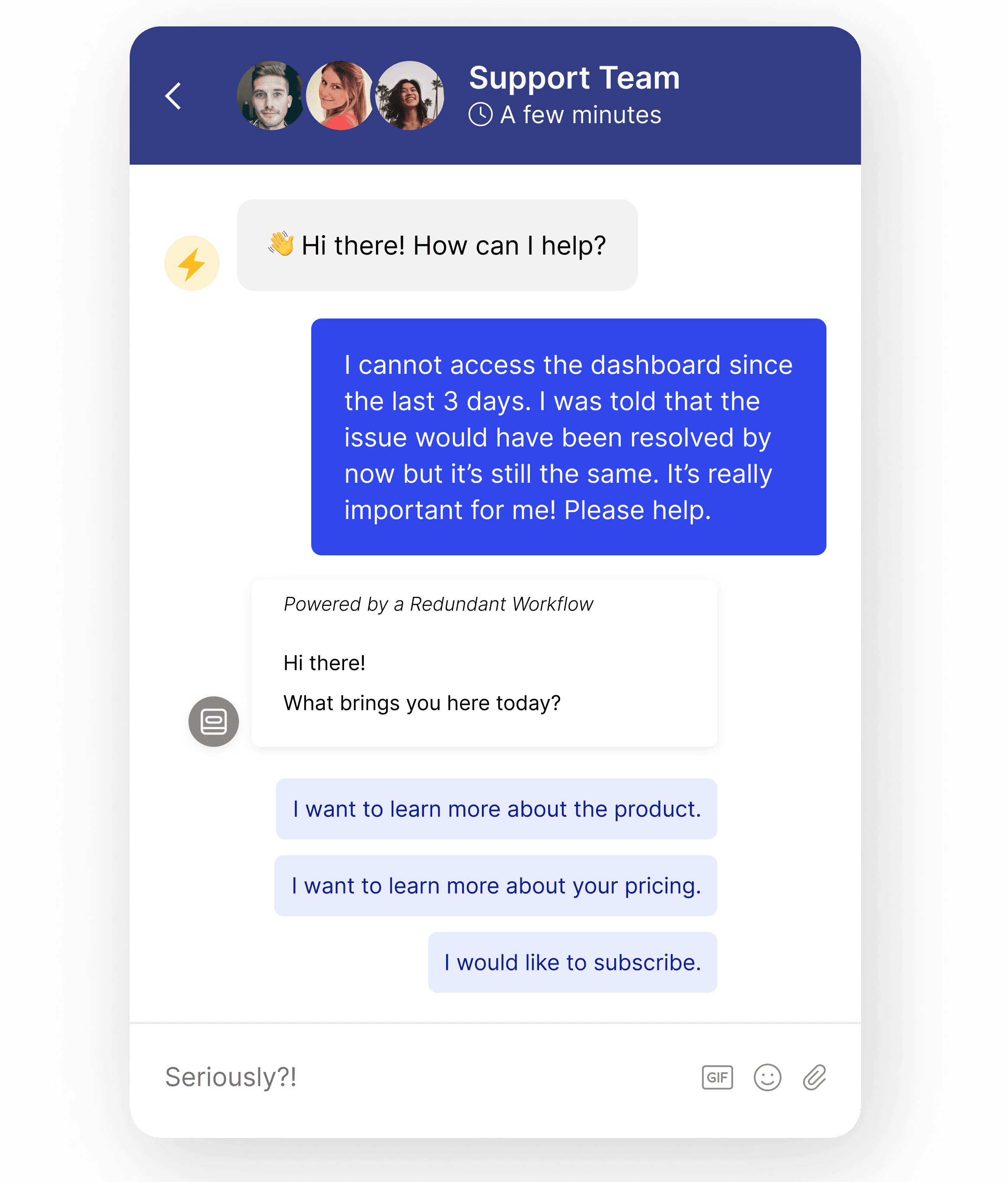 A chat widget where a customer describes an issue, but the chatbot replies with unrelated options